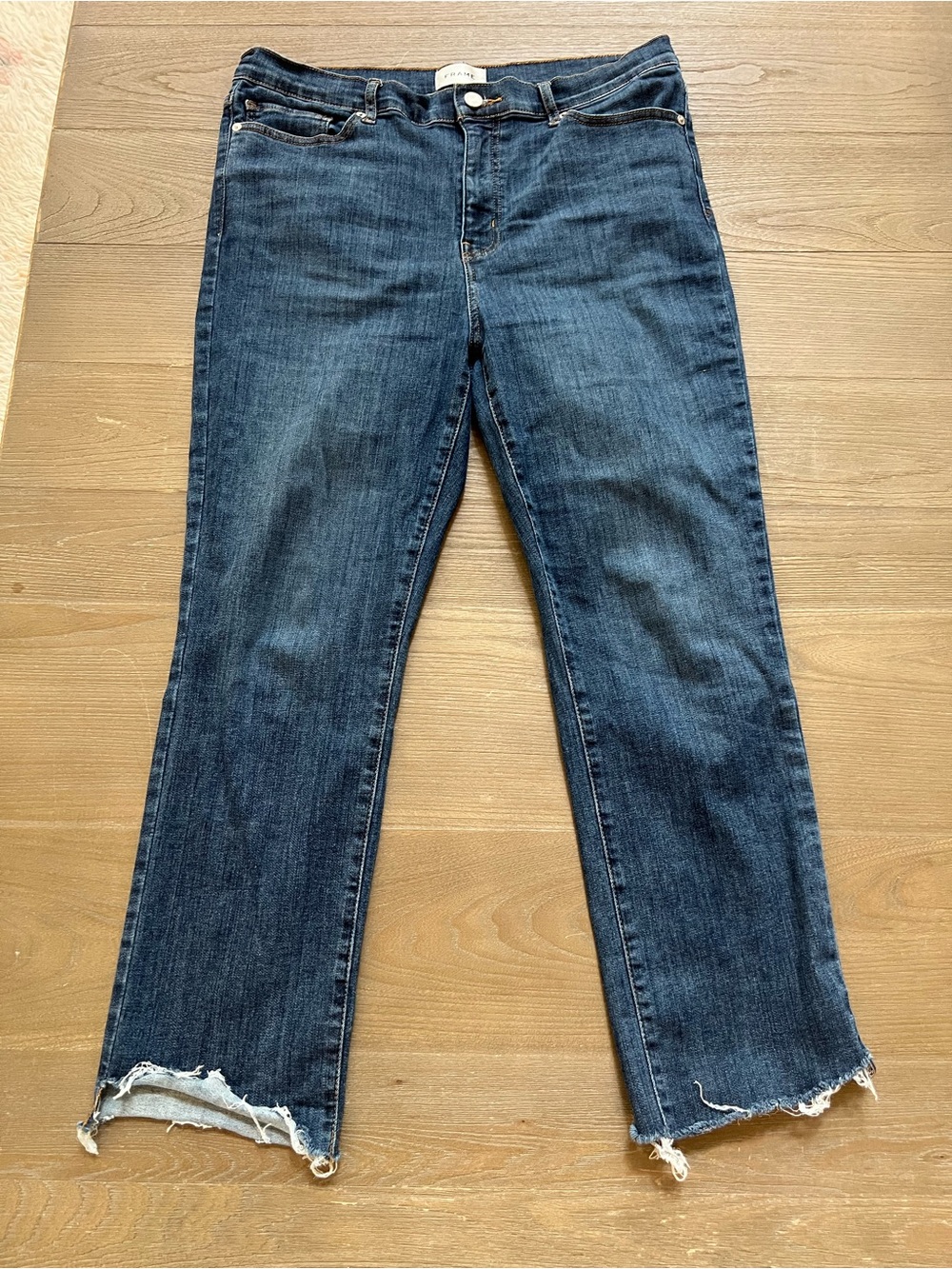 Frame Denim Straight-Leg Jeans in Dark Blue with Frayed Hem